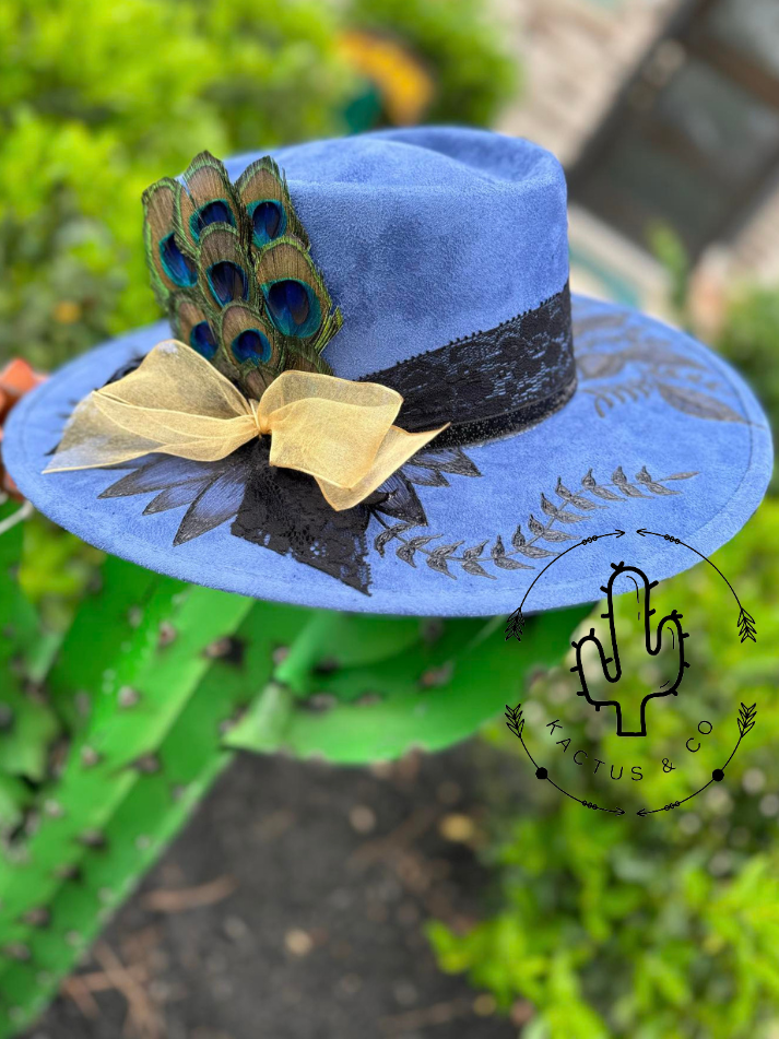 Blue Flower and vine Burned Hat
