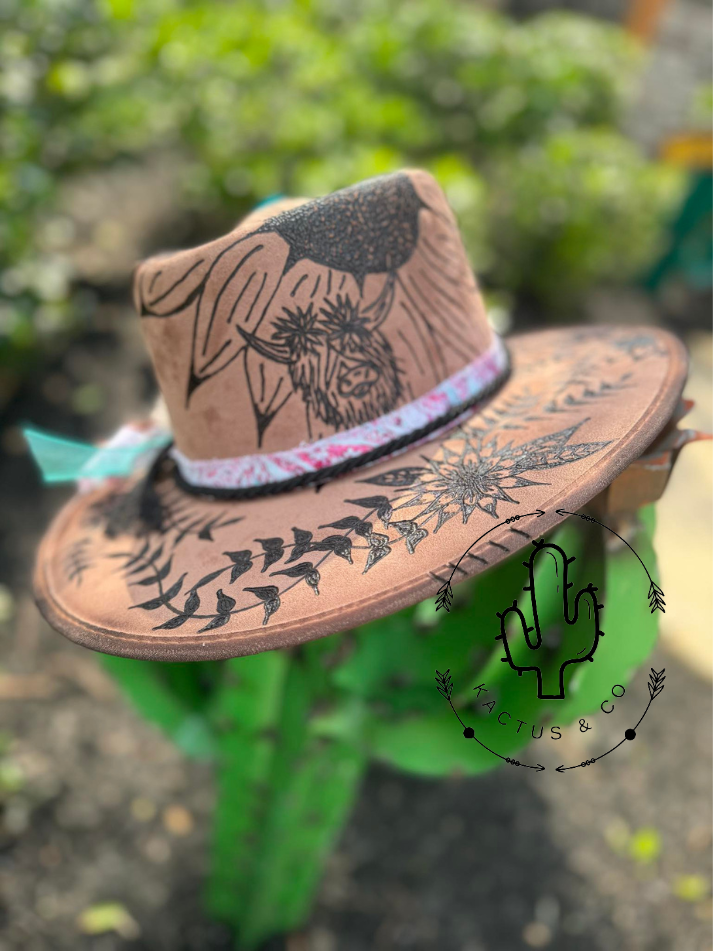 Highland cow and Flowers Burned Hat