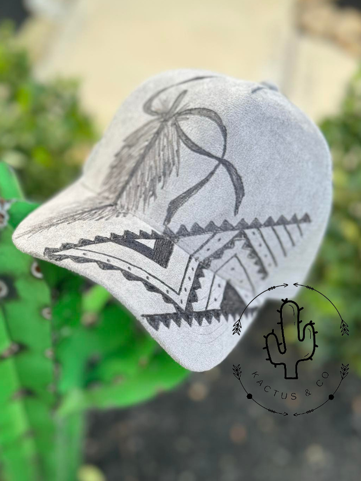 GREY- Aztec and Feather Baseball Burned Hat