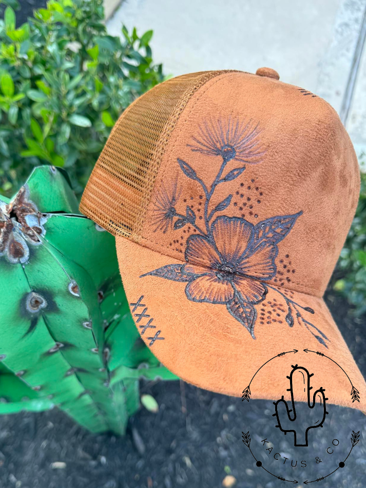 BROWN flower with Dandelion Flower Baseball Burned Hat