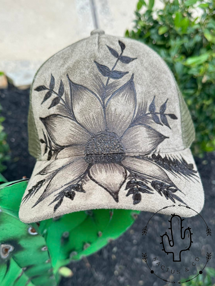 OLIVE-1 Large Sunflower Baseball Burned Hat