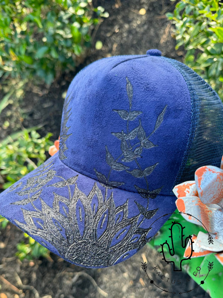 Navy - Tribal Sunflower Baseball Burned Hat