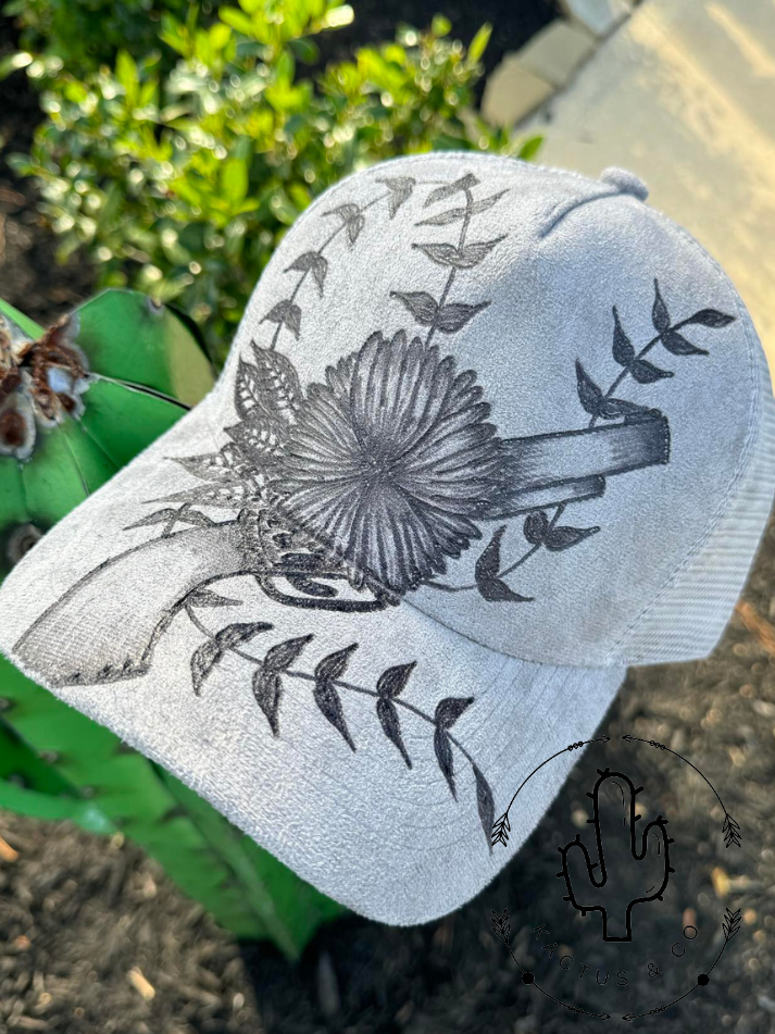 Grey- Six Shooter with flower Baseball Burned Hat