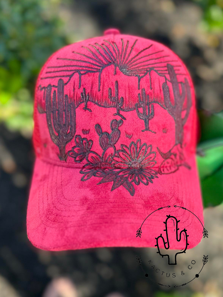 RED- Cactus Desert Baseball Burned Hat