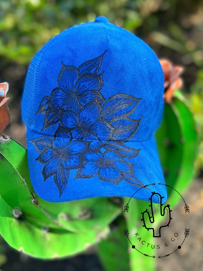 Royal Blue- Tropical Flowers Baseball Burned Hat