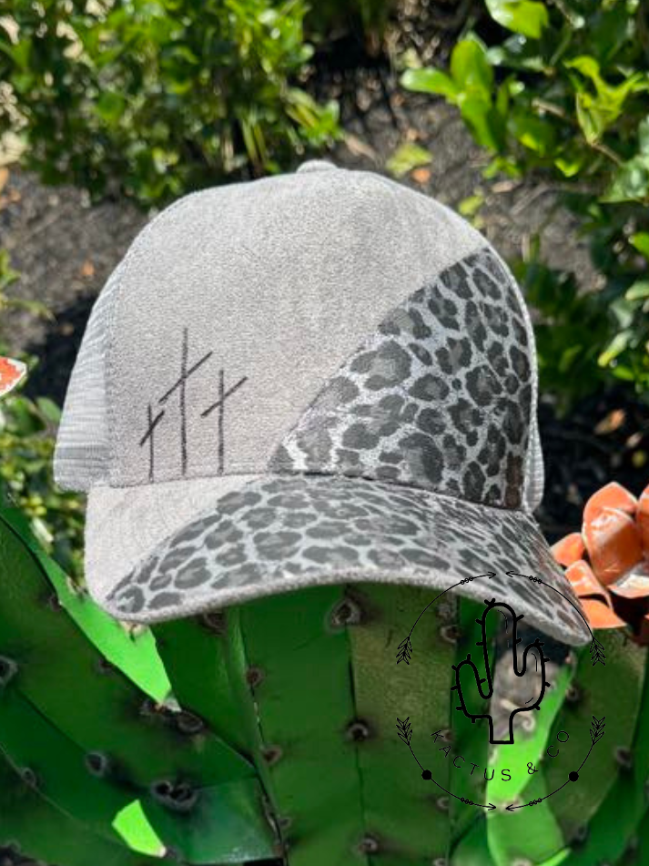 Grey- Leopard/Cross Baseball Burned Hat