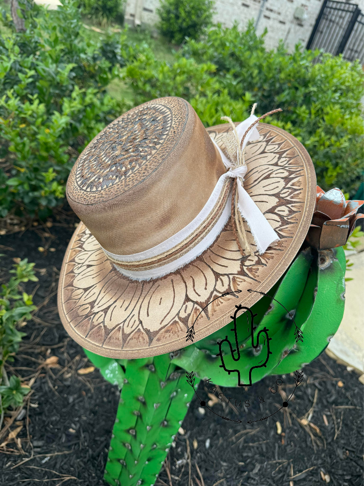 Light Brown whole Sunflower Burned Hat