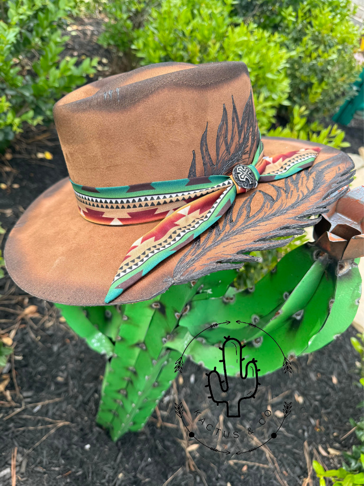 Brown Feather Burned Hat