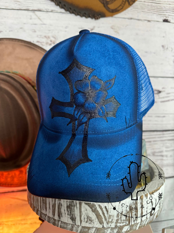 Royal blue Cross Baseball Burned Hat