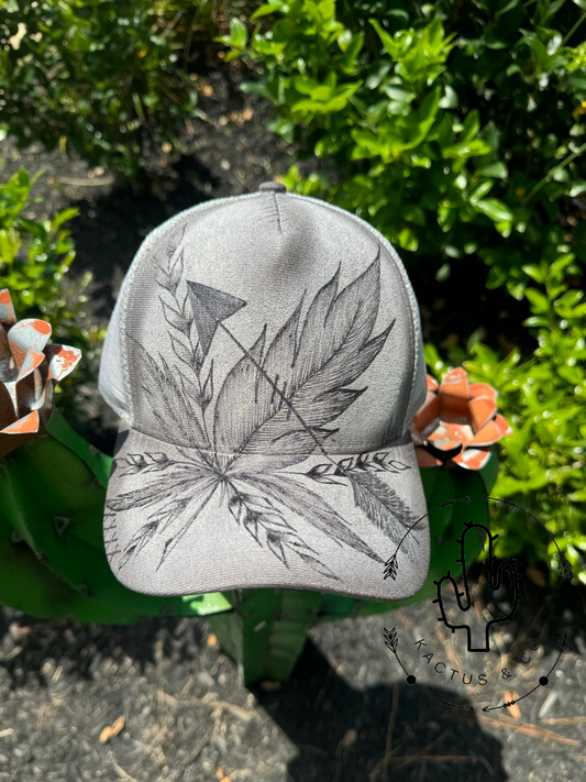 Grey Feather and Arrow Baseball Burned Hat