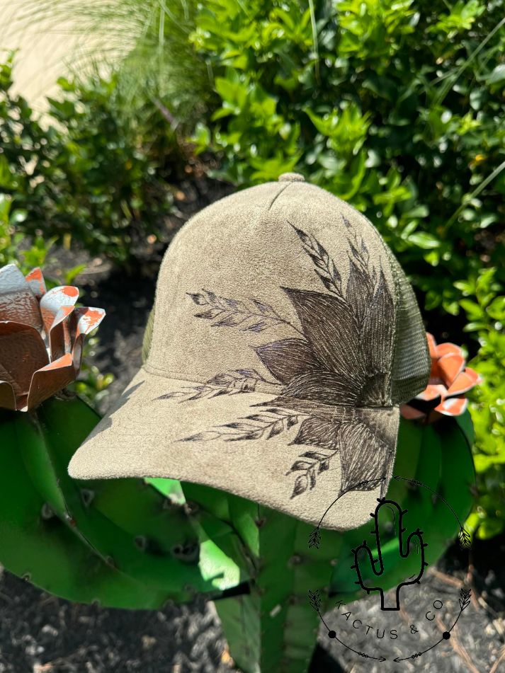 Side Sunflower Olive Baseball Burned Hat