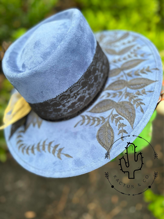 Blue Flower and vine Burned Hat