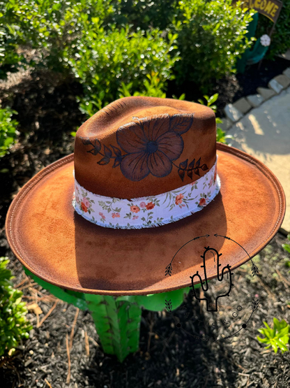 Brown Floral Burned Hat