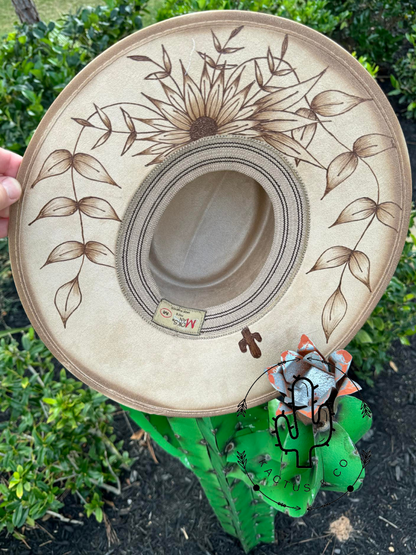 Light brown heavily floral Burned Hat