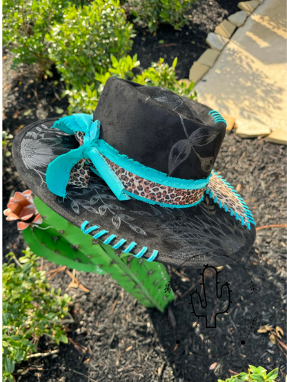 Black leopard with teal stitching Burned Hat