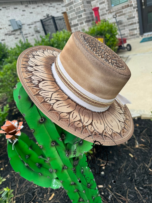 Light Brown whole Sunflower Burned Hat