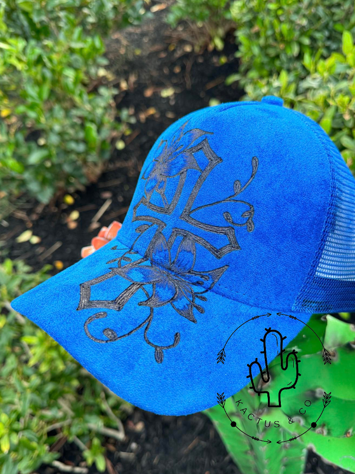 Cross and Flowers Blue - Baseball Burned Hat