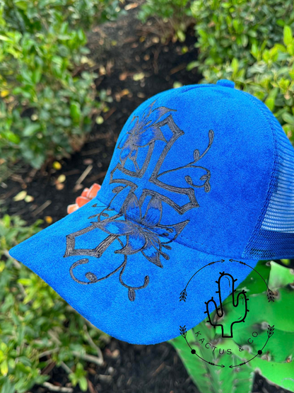 Cross and Flowers Blue - Baseball Burned Hat