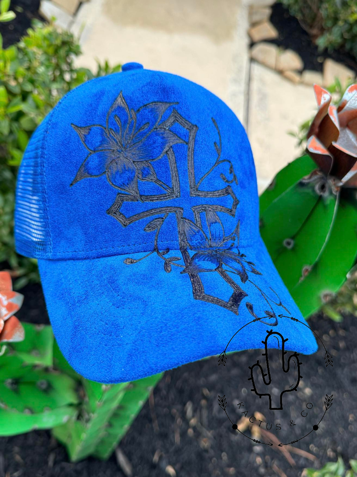 Cross and Flowers Blue - Baseball Burned Hat