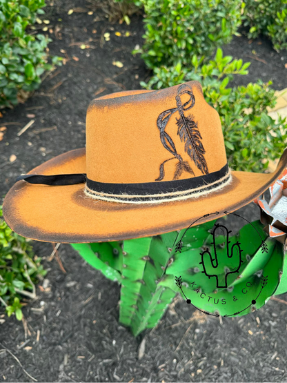 Indian Feather Light Brown Punchy Burned Hat