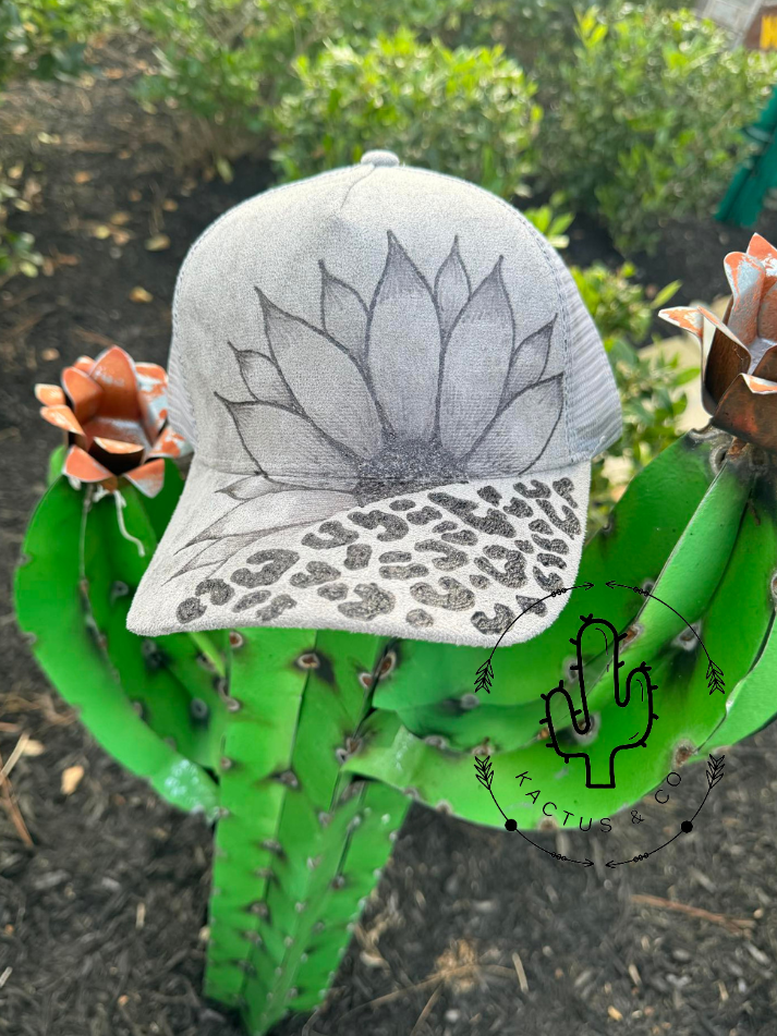 Grey- leopard sunflower Baseball Burned Hat