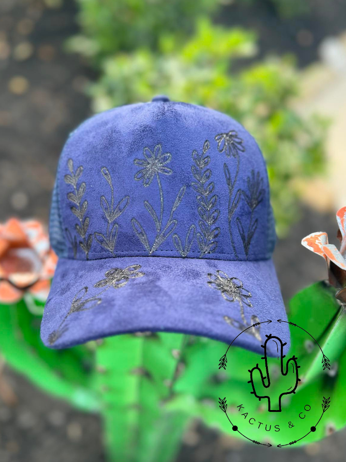 Navy- wildflowers Baseball Burned Hat