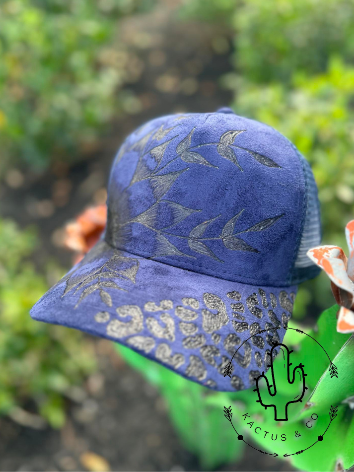 Navy- Leopard Sunflower Baseball Burned Hat