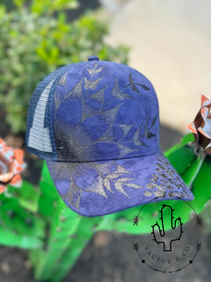 Navy- Leopard Sunflower Baseball Burned Hat