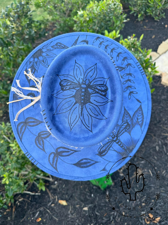 Blue Flowers and dragonflies Burned Hat