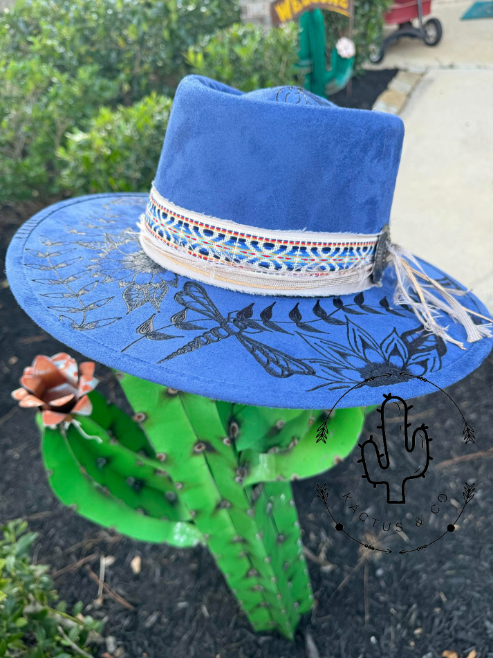 Blue Flowers and dragonflies Burned Hat