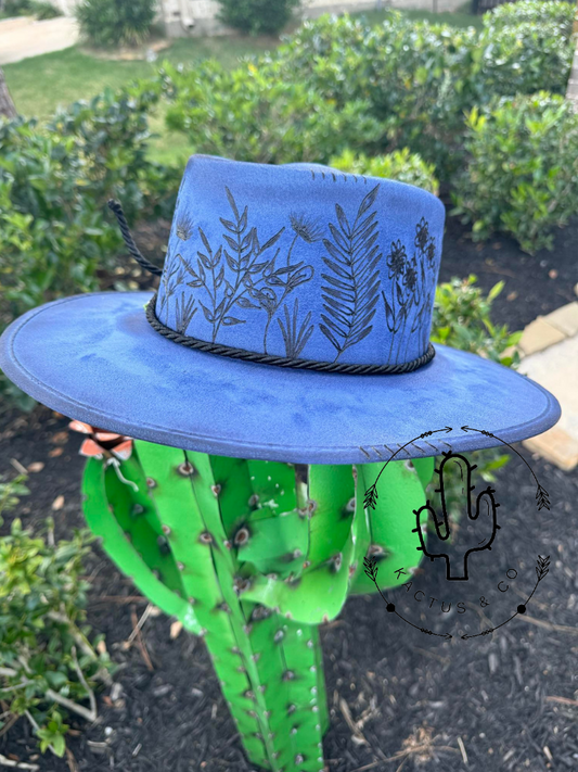 Blue- Wildflowers Burned Hat