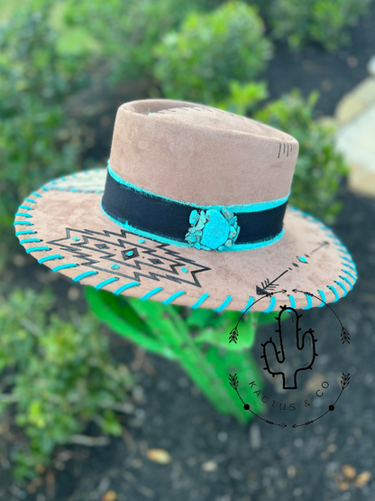 Aztec with Turquoise and cowhide Burned Hat