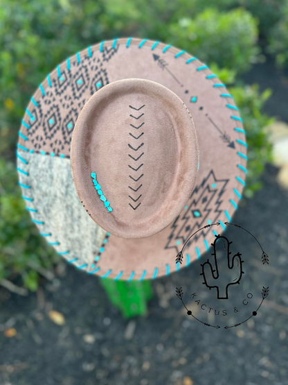 Aztec with Turquoise and cowhide Burned Hat