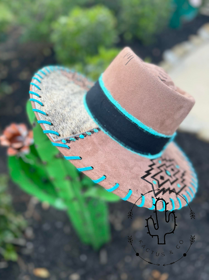 Aztec with Turquoise and cowhide Burned Hat