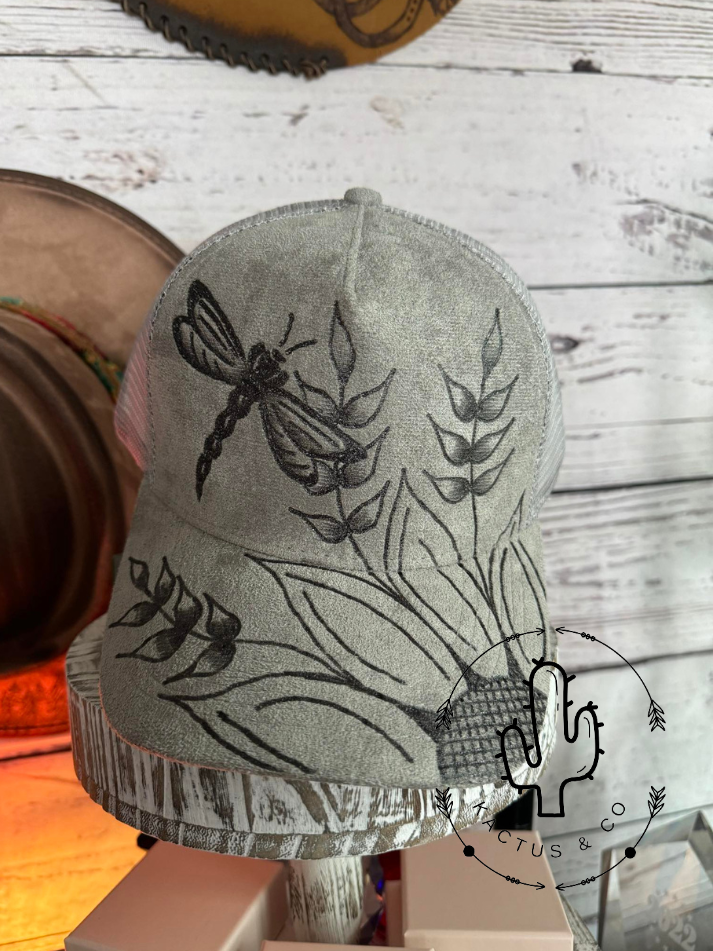 Grey Dragonfly Sunflower Baseball Burned Hat