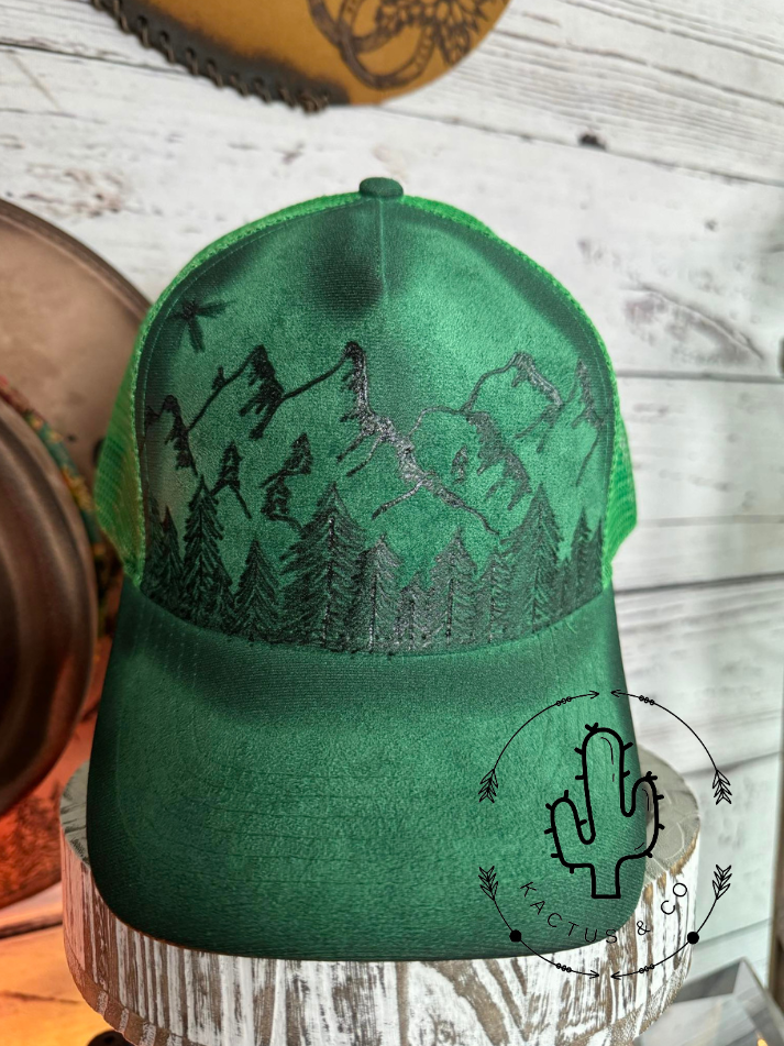 Green Mountain Scenery Baseball Burned Hat