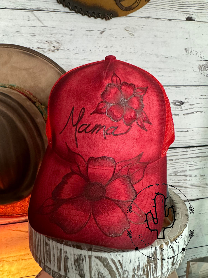 Red Flower Mama Baseball Burned Hat