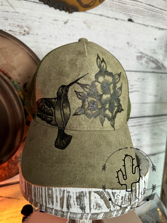 Olive Hummingbird Baseball Burned Hat