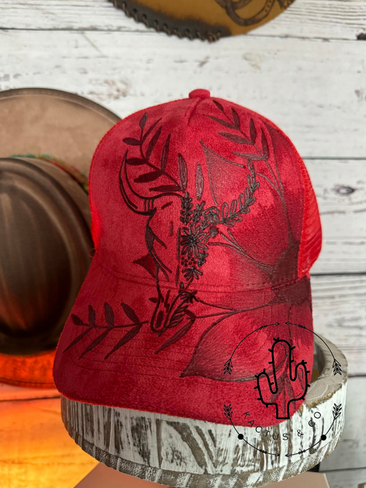 Red Cow skull Baseball Burned Hat