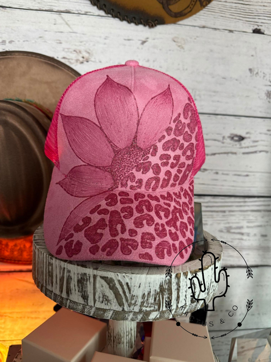 Pink Sunflower leopard Baseball Burned Hat