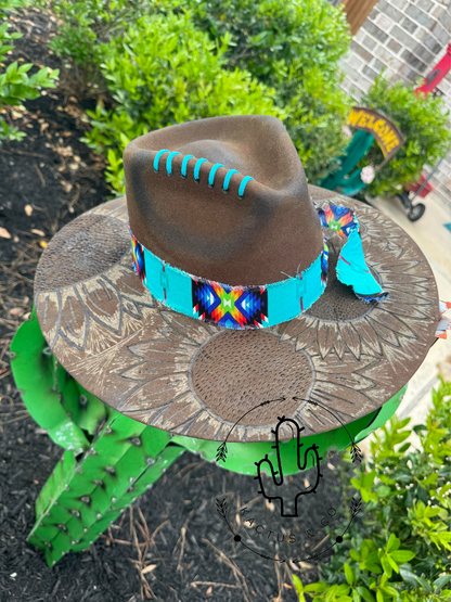 Sunflower with Teal Detail Burned Hat