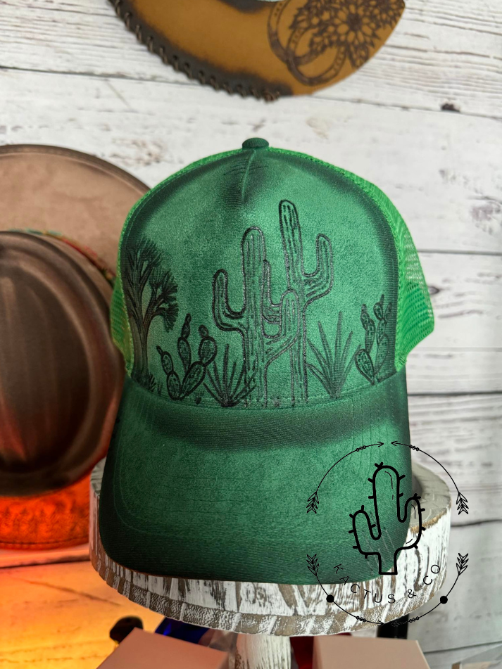 Green Cacti Baseball Burned Hat