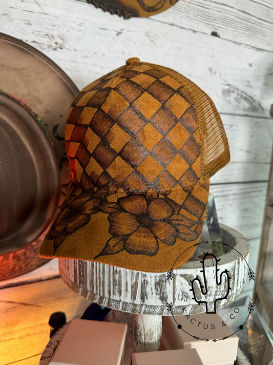 Brown Checker board Baseball Burned Hat