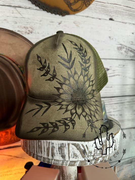 Olive sunflower Baseball Burned Hat