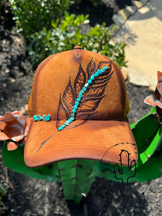 Brown Turquoise feather Baseball Burned Hat