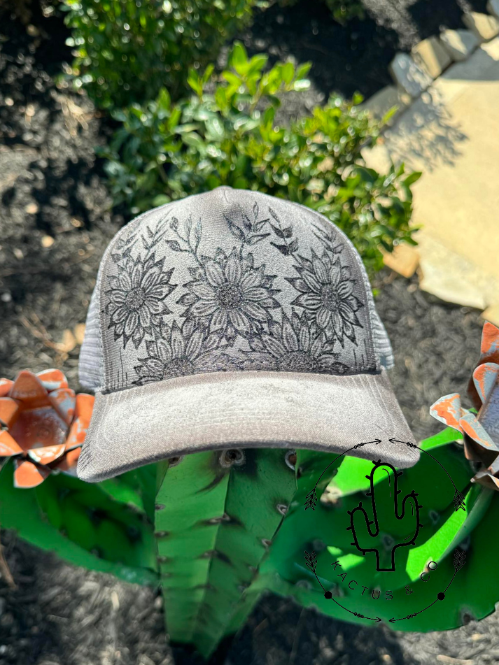 Grey Sunflower Garden Baseball Burned Hat