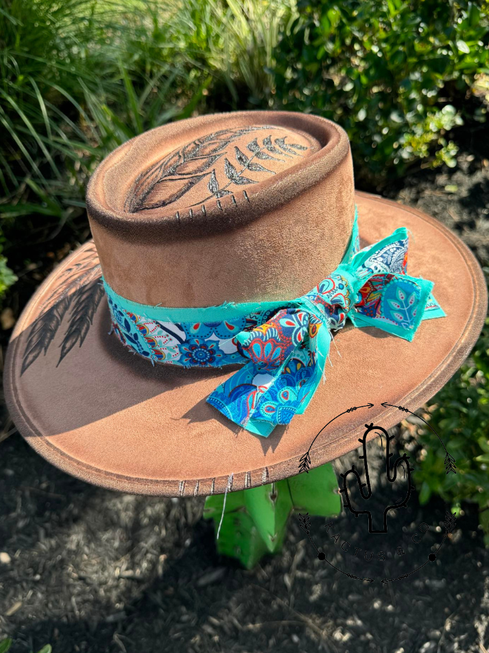 Feathered Floral Burned Hat