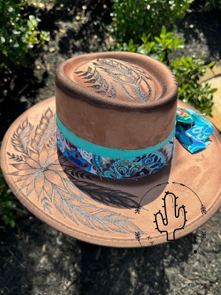 Feathered Floral Burned Hat