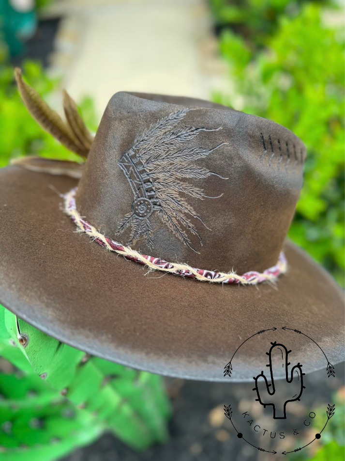 Dark Brown Punchy Headdress Burned Hat