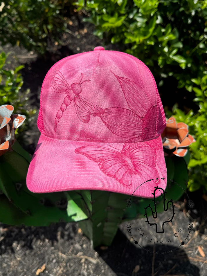 Pink Butterfly and Dragonfly Baseball Burned Hat